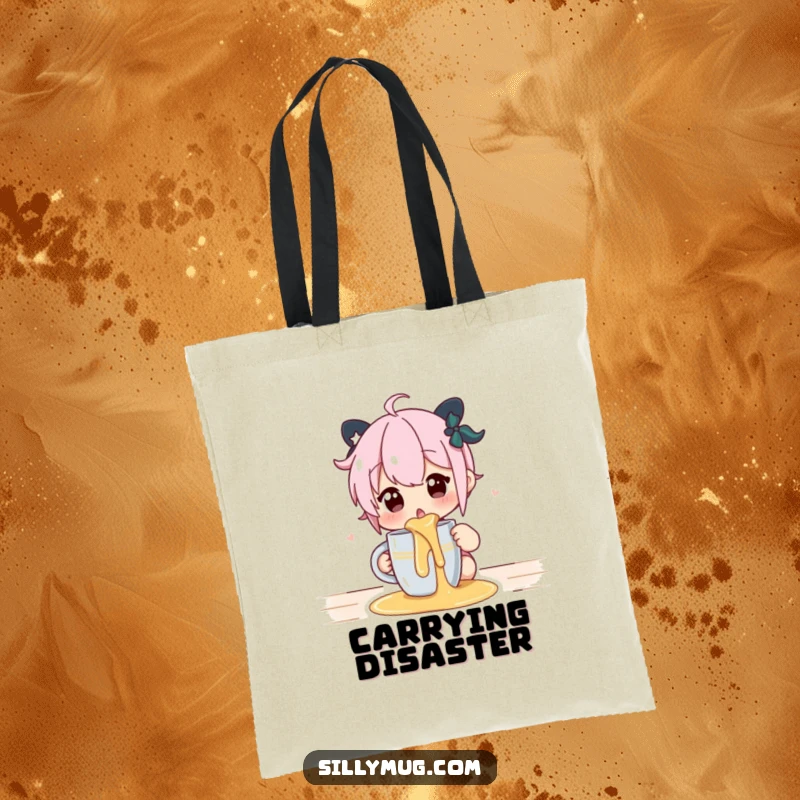 Funny tote bag illustrating a surprised character after a hot beverage spill from a mug, great for daily use.