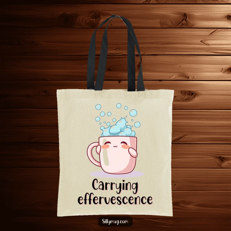 Funny tote bag showing a character playfully tapping a mug overflowing with bubbles, great for carrying essentials.