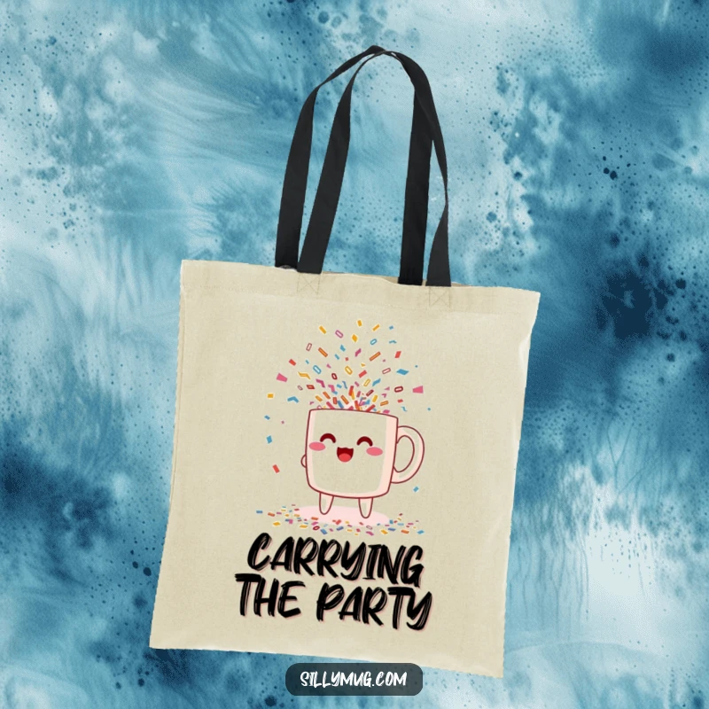 Funny excited Kawaii mug character pouring confetti on a tote bag, a festive and humorous accessory for carrying essentials.
