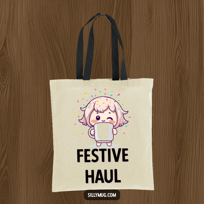 Funny tote bag showcasing a cheerful Kawaii character holding a mug that erupts with colorful confetti, symbolizing joy and celebration.
