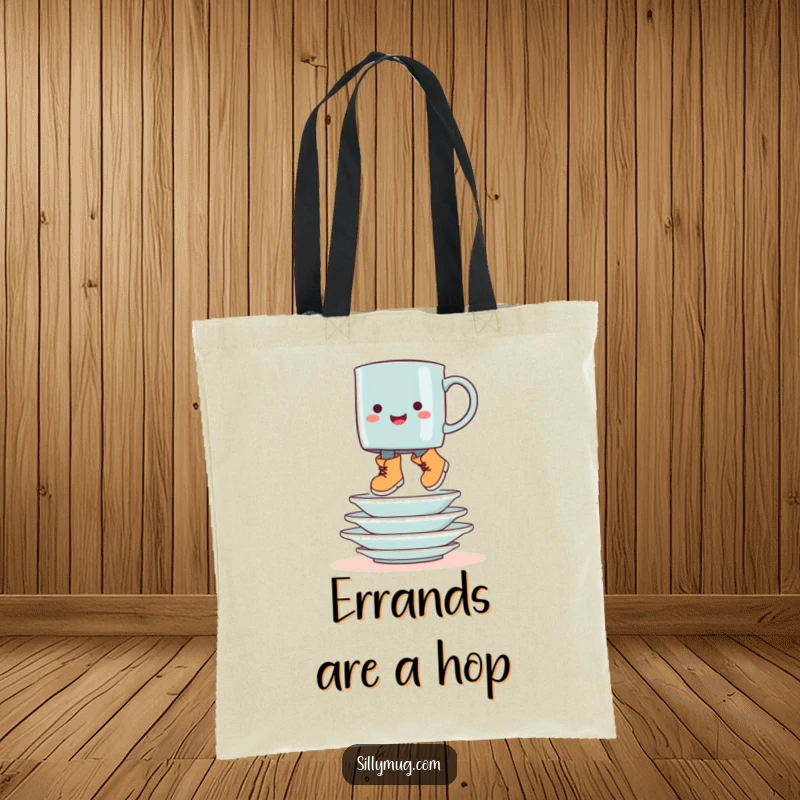 Funny booted mug hop tote bag, with a mug in boots jumping over dishes, for humorous and practical use.
