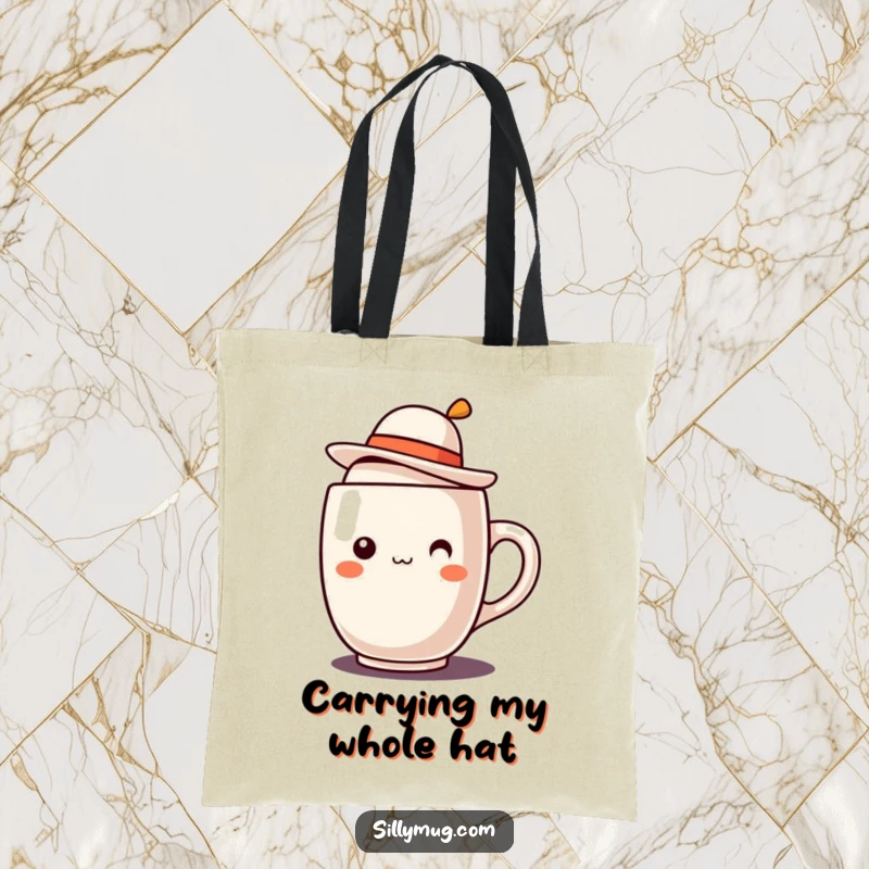Funny Kawaii mug character with a tilted jaunty hat on a tote bag, a cute and humorous accessory for everyday use.
