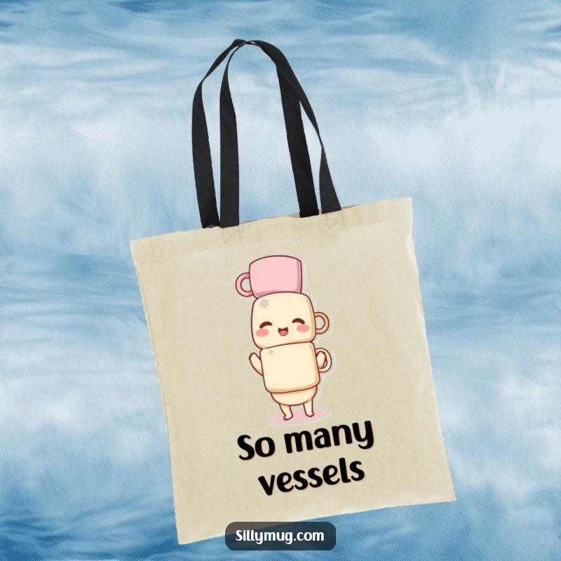 Funny tote bag illustrating a giggling Kawaii character in the midst of a comical mug-stacking challenge, full of playful energy.