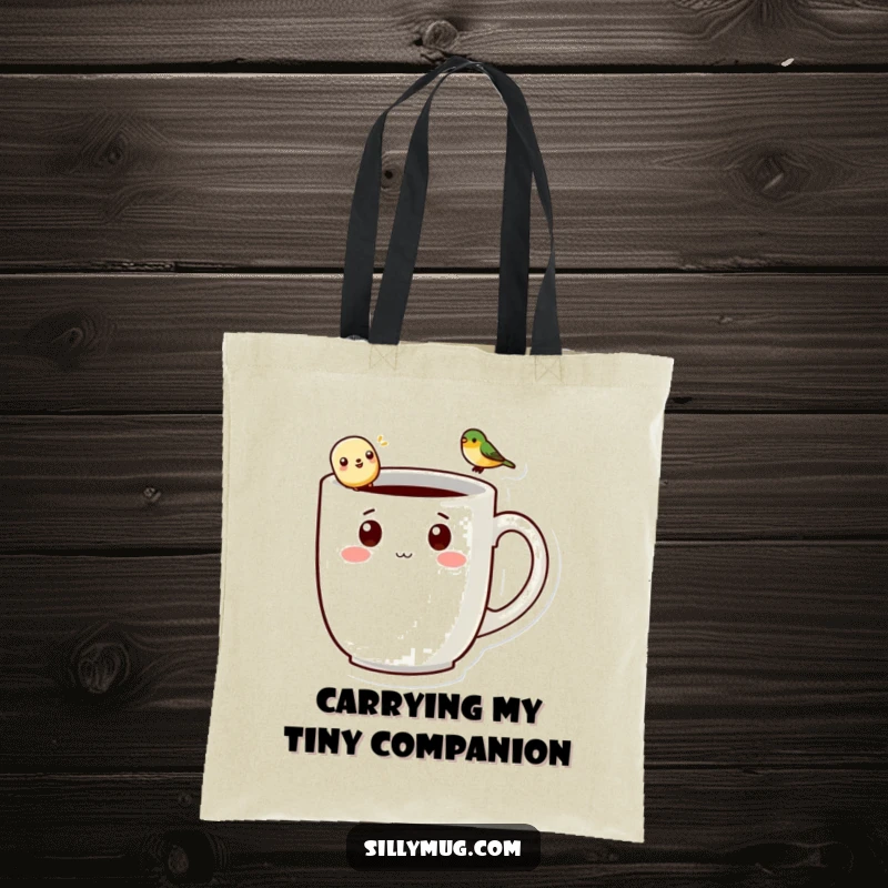 Funny kawaii mug character with a tiny bird on handle, printed on a durable tote bag, perfect for shopping and smiles.