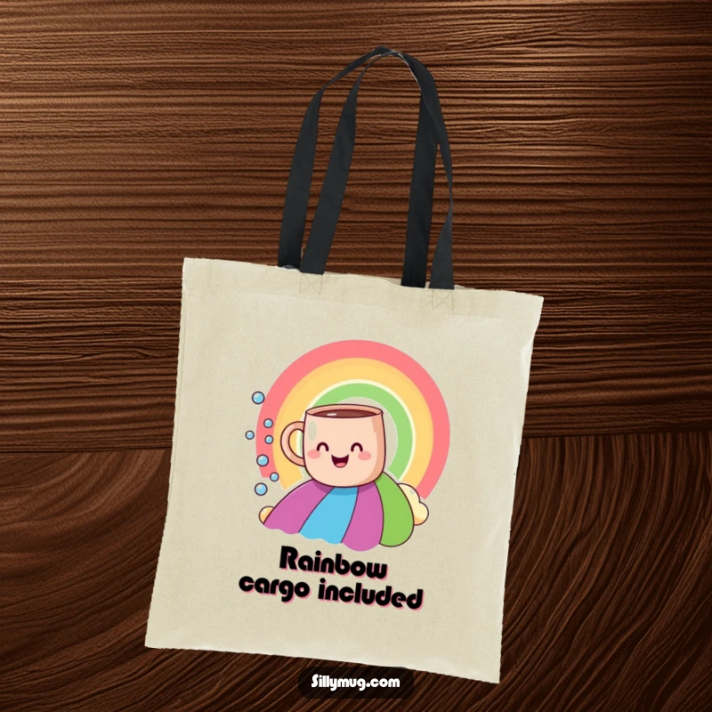 Funny smiling mug rainbow slide tote bag, depicting a joyful mug descending a vibrant rainbow with playful bubbles.