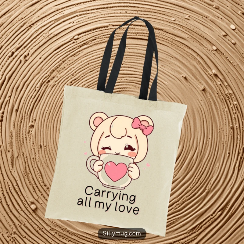 Funny tote bag depicting a character winking and holding a steaming mug decorated with a heart, ideal for stylish and humorous carrying.