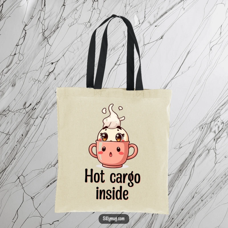 Funny Kawaii character tote bag, surprised with wide eyes as a mug bursts with steam, practical and humorous accessory for coffee lovers.