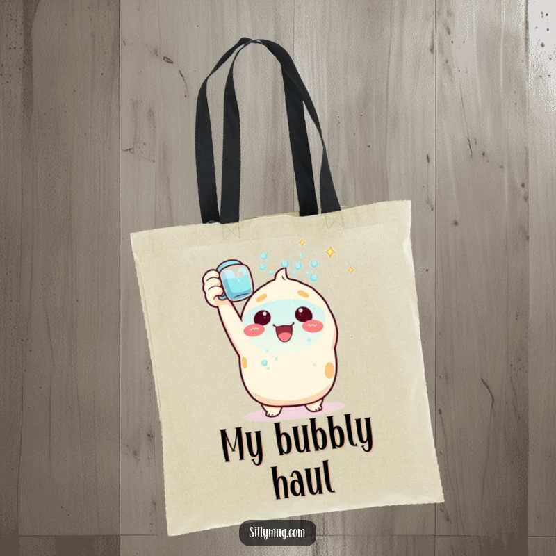 Funny Tote Bag: A triumphant Kawaii character proudly lifts a mug filled with shimmering bubbles, symbolizing joy and success.