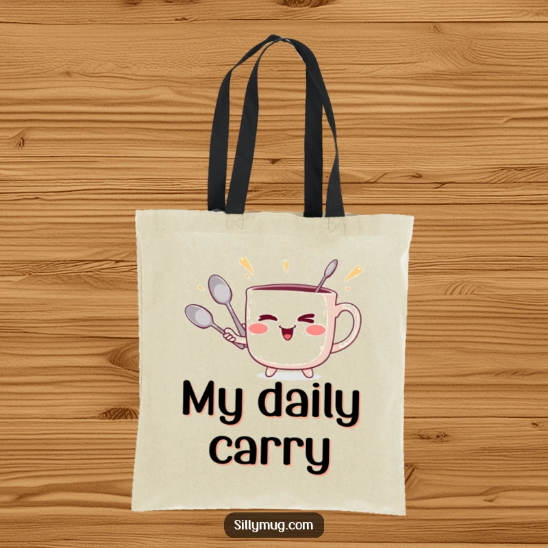 Funny winking mug juggler tote bag, with a mug juggling spoons, for humorous and practical use.