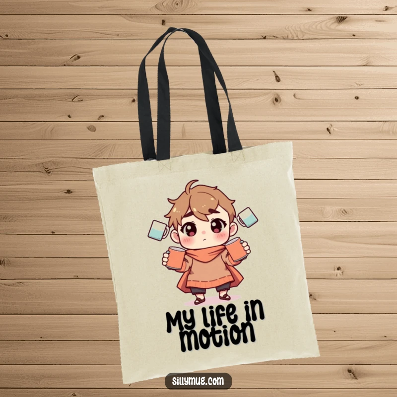 Funny Tote Bag: A character is comically attempting to juggle multiple coffee mugs, a humorous accessory for daily use.